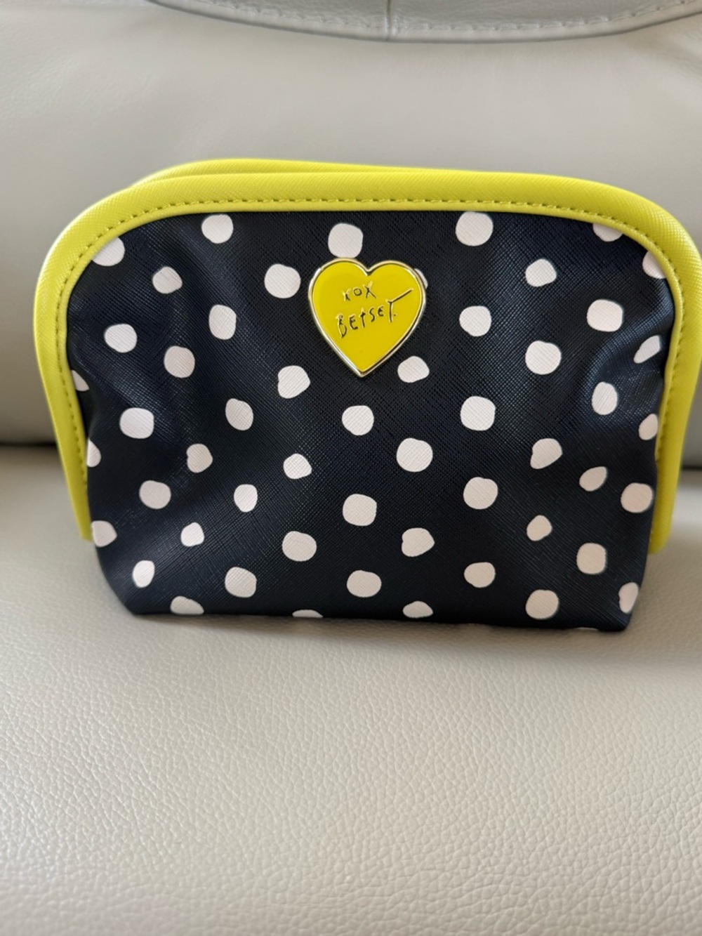 Betsey Johnson Black w/White Polka Dot Cosmetic Pouch with Lime Yellow Trim
